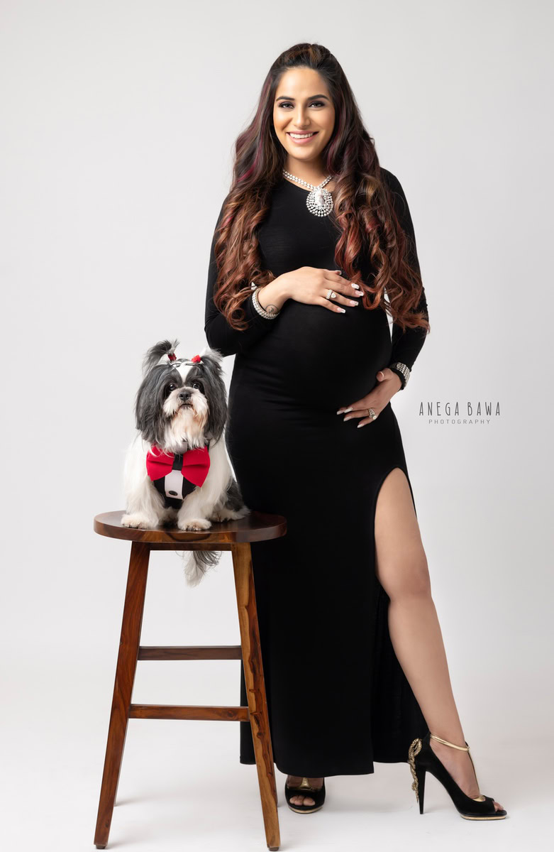 Best Maternity Photography in Delhi: Black High-Slit with Pet Dog, by Anega Bawa, Photographer Gurgaon Noida.