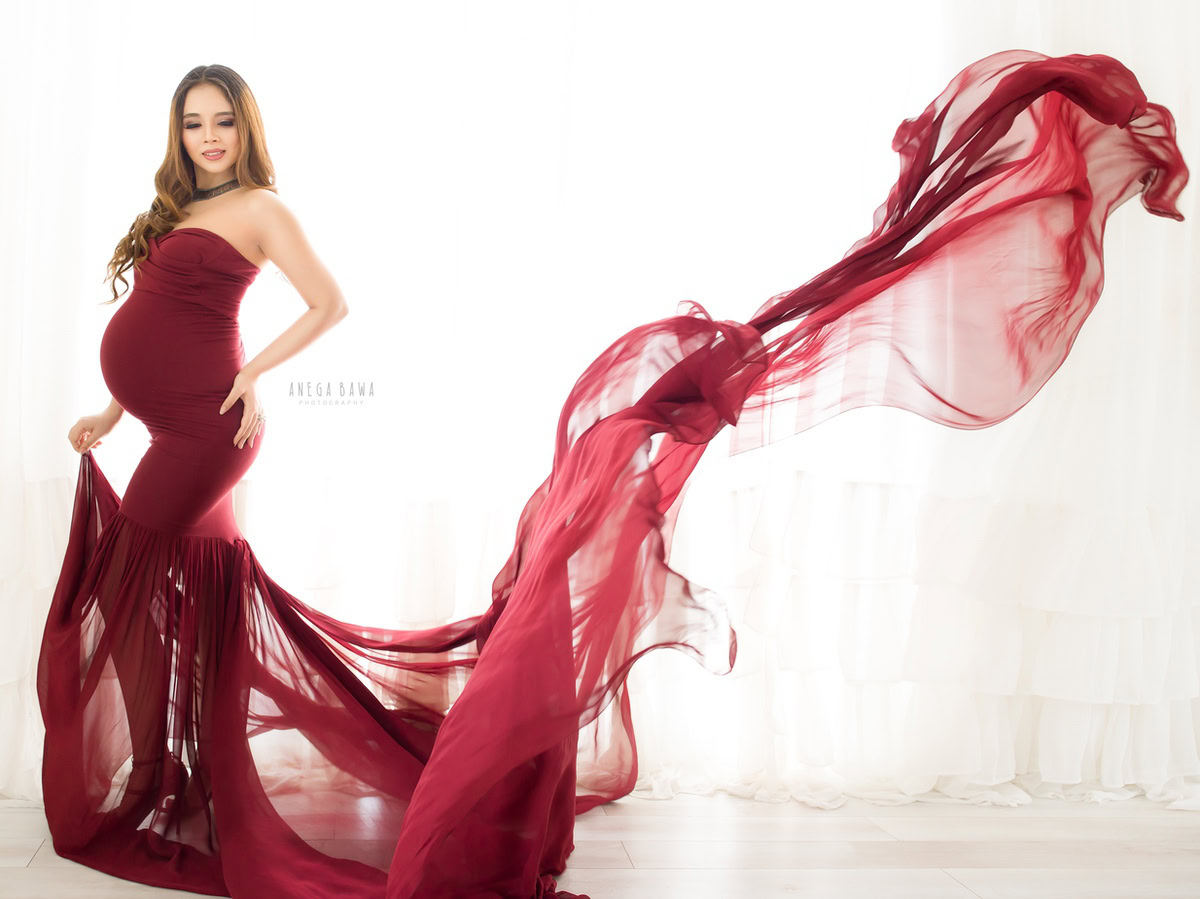 Best Pregnancy Photographer in Delhi: Maroon Tube Gown with Drape, by Anega Bawa Photography, Gurgaon Noida.