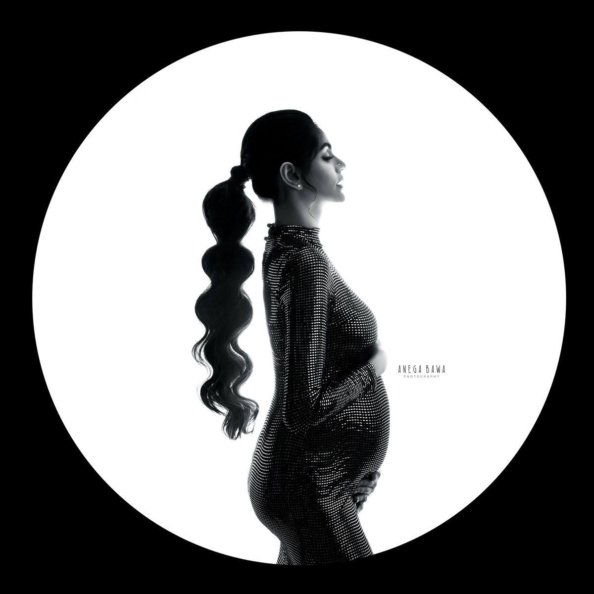 Luxury Pregnancy Photoshoot in Delhi: Black Shimmer Dress, Elegant Hairdo, by Anega Bawa Photography, Gurgaon Noida.