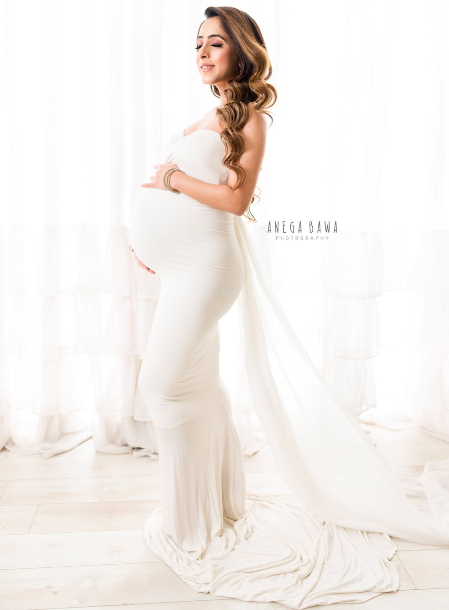 Maternity photographer in Delhi: White tube dress with drape, by Anega Bawa Photography, Gurgaon Noida.