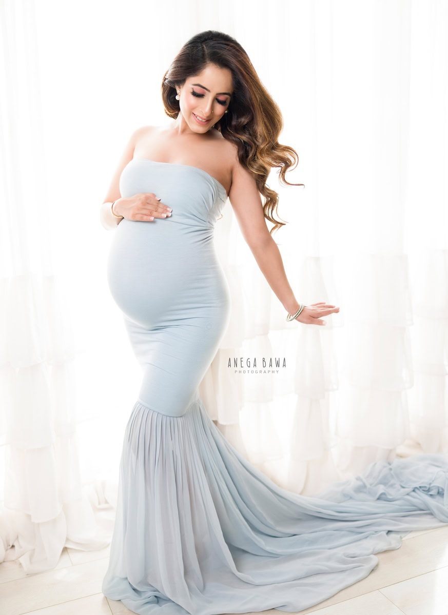 Maternity Photography Delhi: Sky Blue Gown with Drape by Anega Bawa Photography, Gurgaon Noida