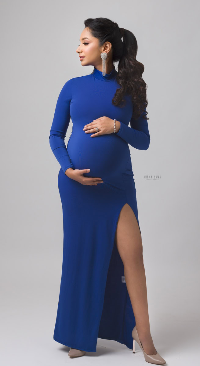 Maternity Photoshoot Delhi: Royal Blue Turtle Neck Dress with High Slit, by Anega Bawa Photography, Gurgaon Noida.
