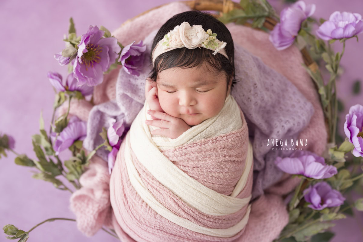 Newborn Photographer in Delhi: Pink and White Wrap with Lavender Backdrop, by Anega Bawa Photography, Gurgaon Noida.