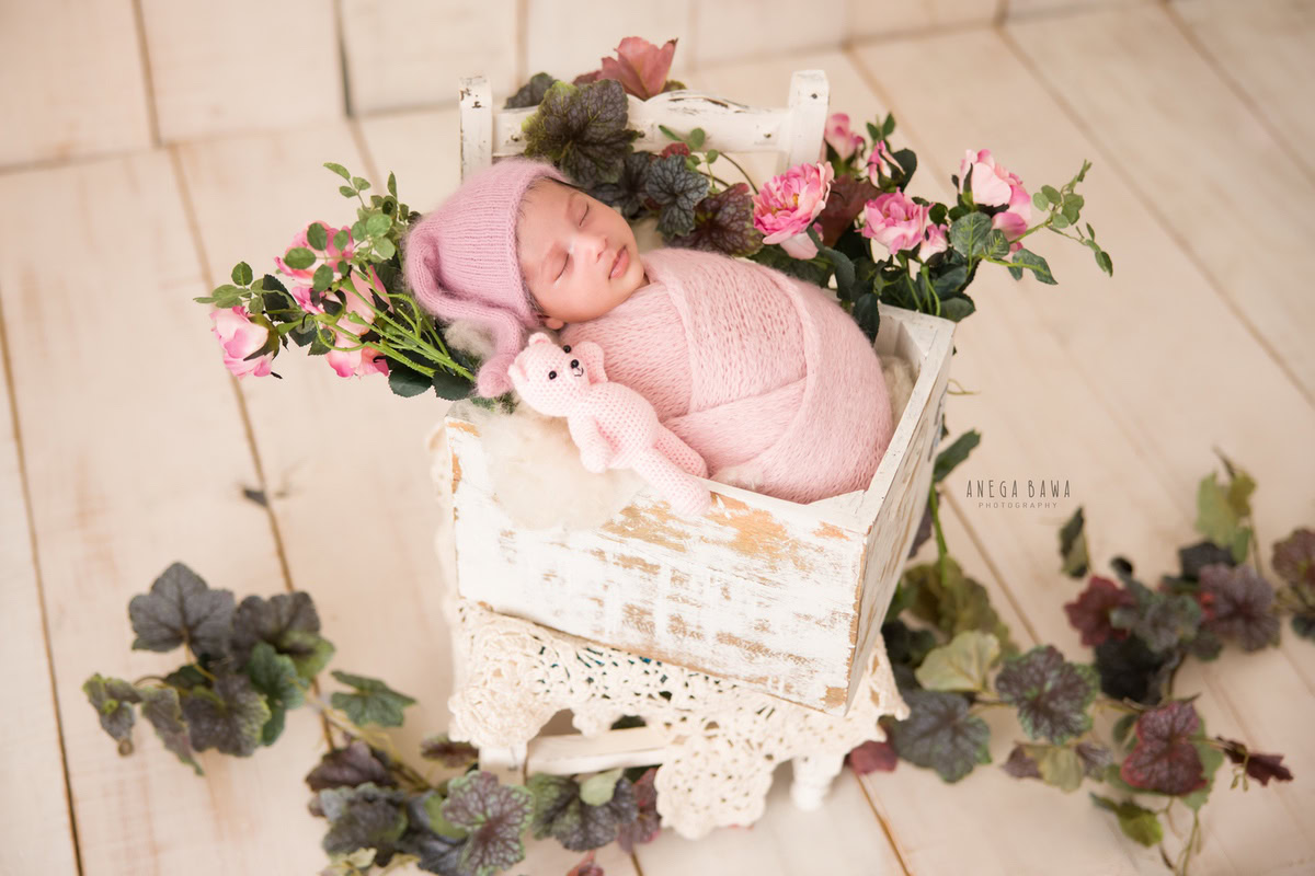 Newborn Photographer in Delhi: Pink Wrap with Soft Toy, Beige Backdrop, Pink Cap, Leaves on Floor, by Anega Bawa Photography, Gurgaon Noida.