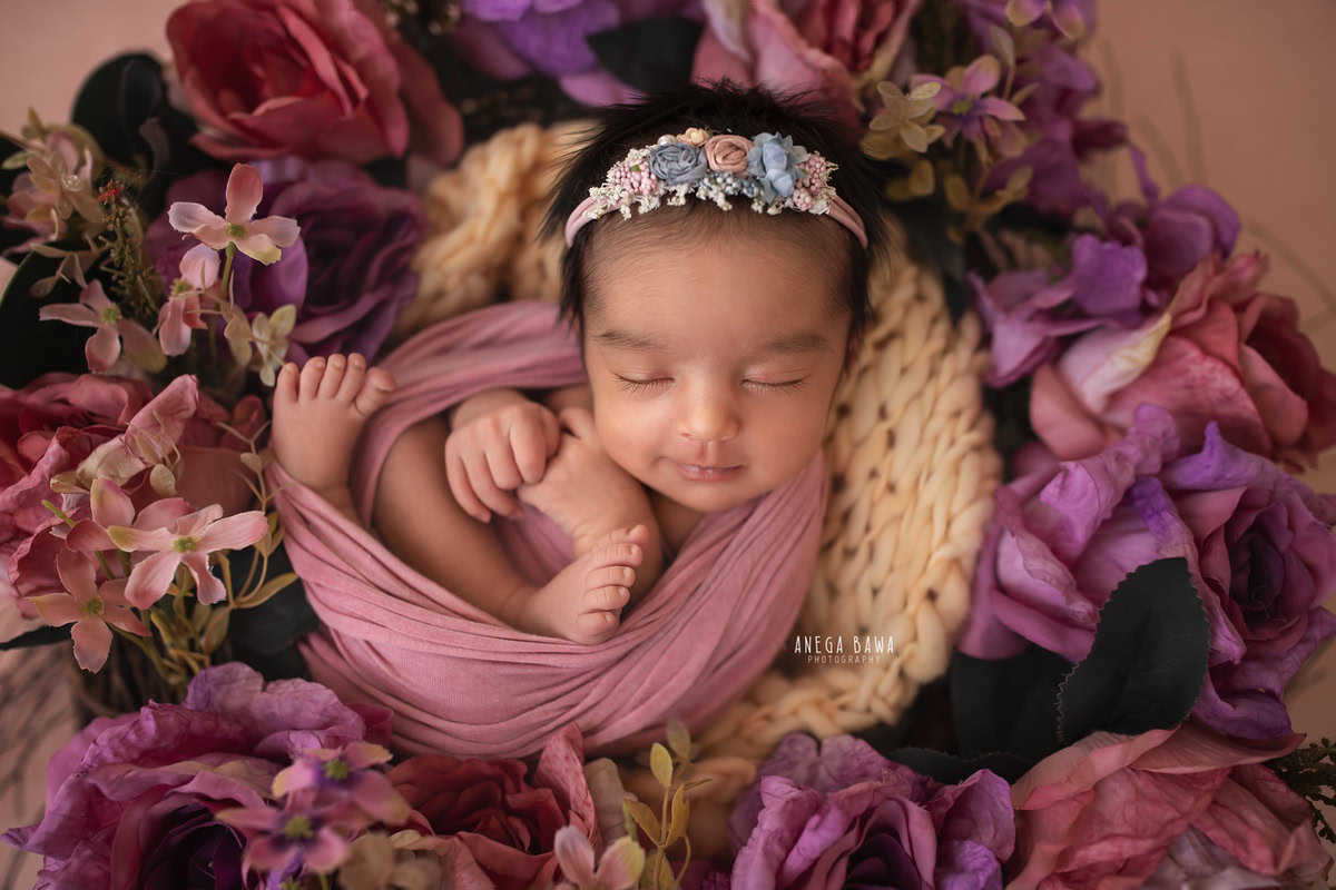 Newborn Photography in Delhi: Beige Floral Basket, Cute Headband, by Anega Bawa Photographer, Gurgaon Noida.