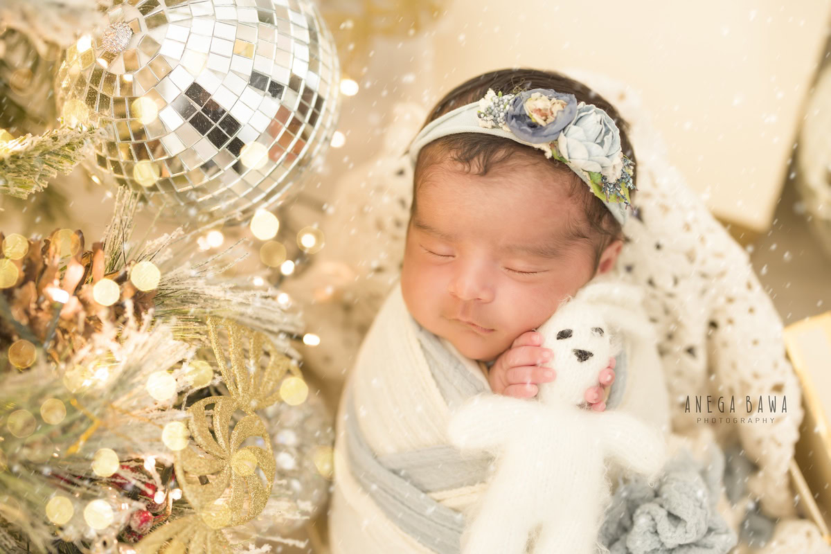 Newborn Photography in Delhi: Grey White Wrap, Disco Ball, Stuff Toy, by Anega Bawa Photographer, Gurgaon Noida.