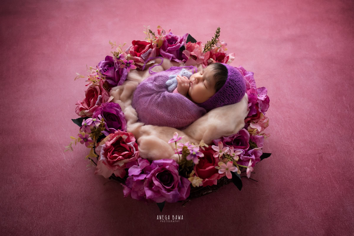 Newborn Photography in Delhi: Lavender Wrap, Pink Backdrop, Floral Basket. Photographer: Anega Bawa Photoshoot, Gurgaon Noida.