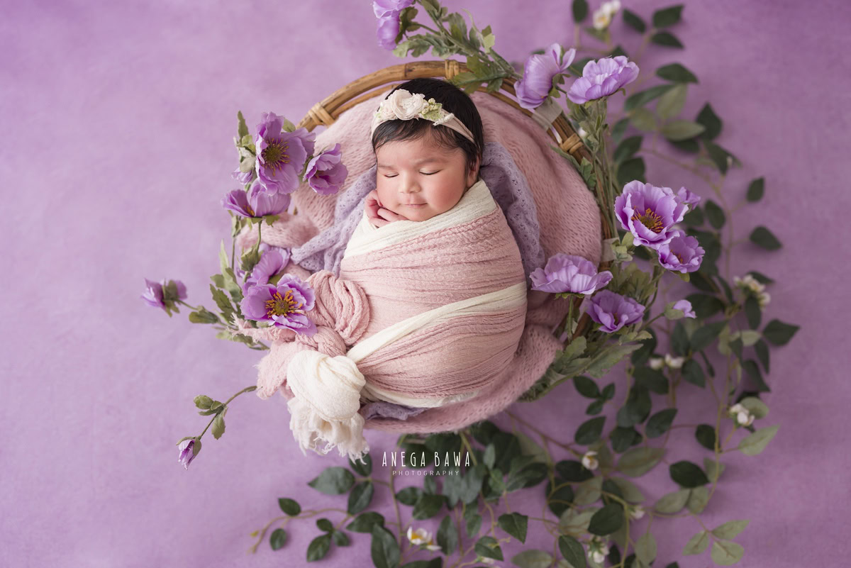 Newborn Photography in Delhi: Pink White Wrap, White Headband, by Anega Bawa Photographer, Gurgaon Noida.