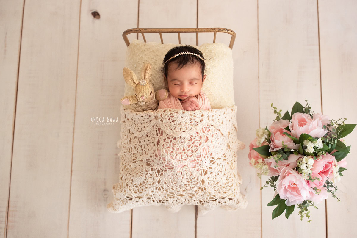 Newborn Photography in Delhi: Pink Wrap with Net Sheet, Soft Toy, Bunch of Flowers, Beige Backdrop. Photographer: Anega Bawa, Gurgaon Noida.