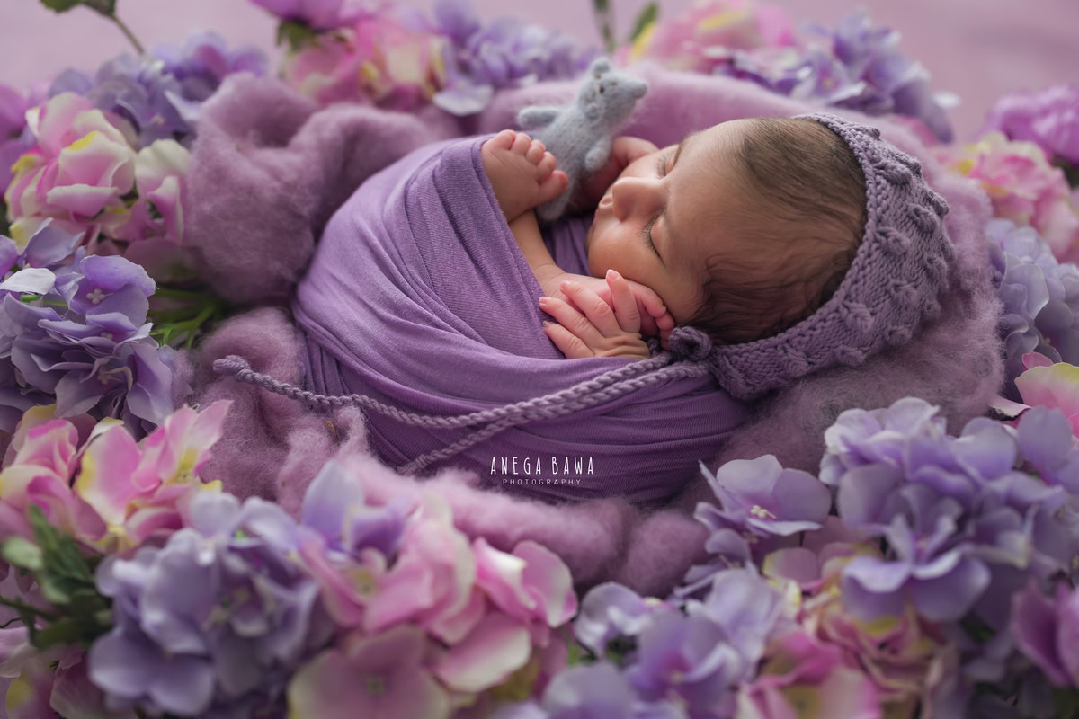 Newborn Photography in Delhi: Purple Wrap with Flowers. Photographer: Anega Bawa, Gurgaon Noida.