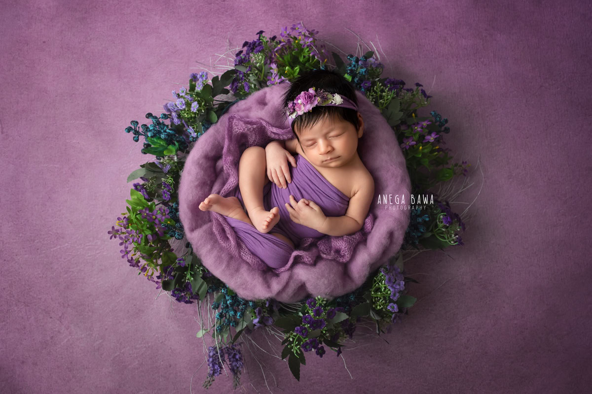 Newborn Photography in Delhi: Purple Wrap, Lavender Basket, Lavender Backdrop, by Anega Bawa Photographer, Gurgaon Noida.