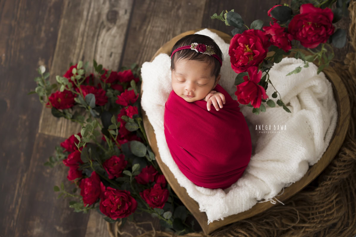 Newborn Photography in Delhi: Red Wrap, Cute Heartshape Basket, Red Flowers, Brown Backdrop, by Anega Bawa Photographer, Gurgaon Noida.