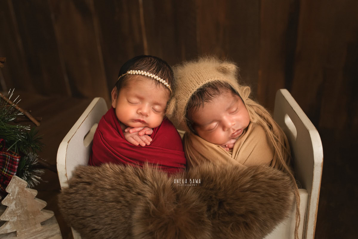 Newborn Photography in Delhi: Twins with Brown Cap in Sleeping Pose, by Anega Bawa Photographer, Gurgaon Noida.
