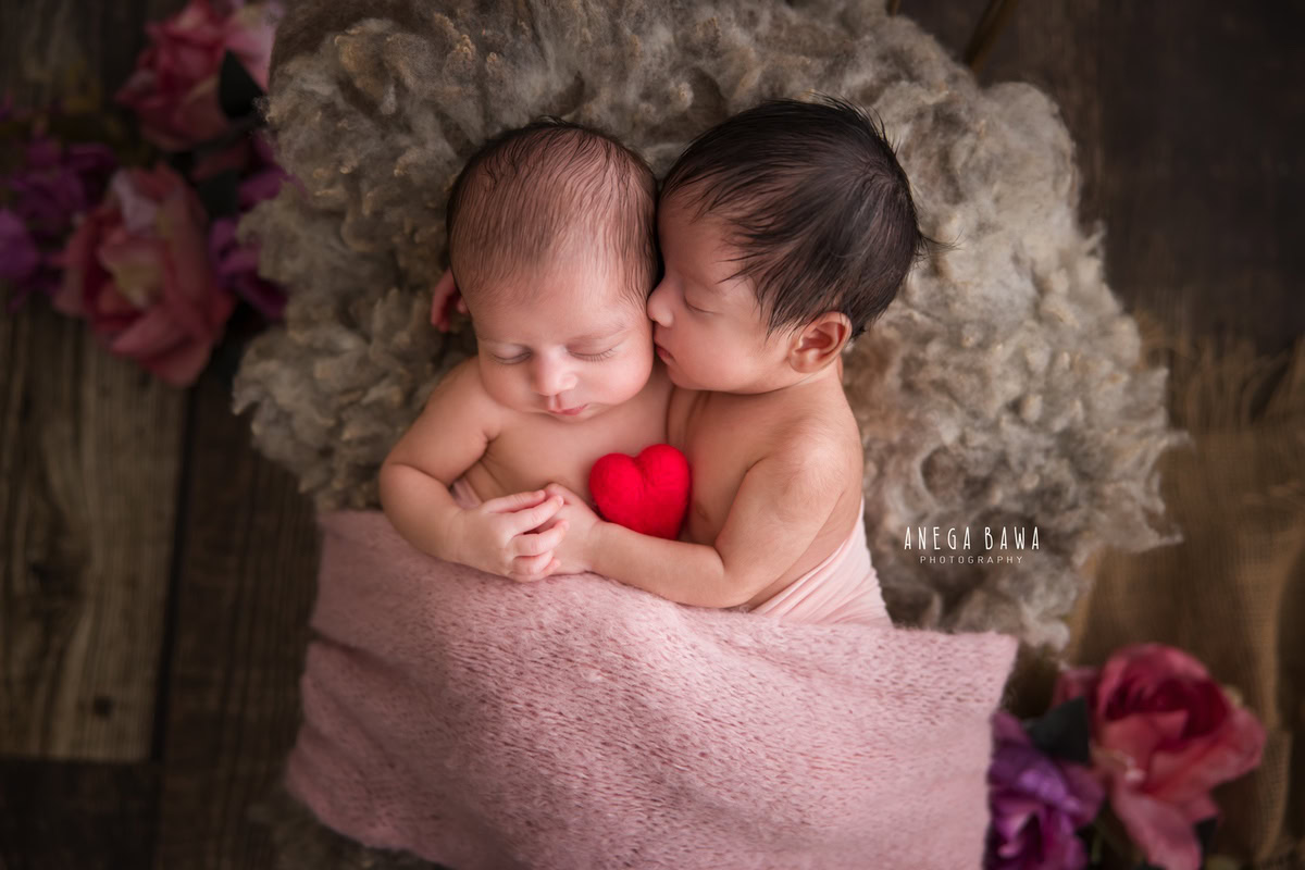 Newborn Photography in Delhi: Twins in a Kissing Pose with a Heart Soft Toy on a Grey Backdrop. Photographer: Anega Bawa, Gurgaon Noida.