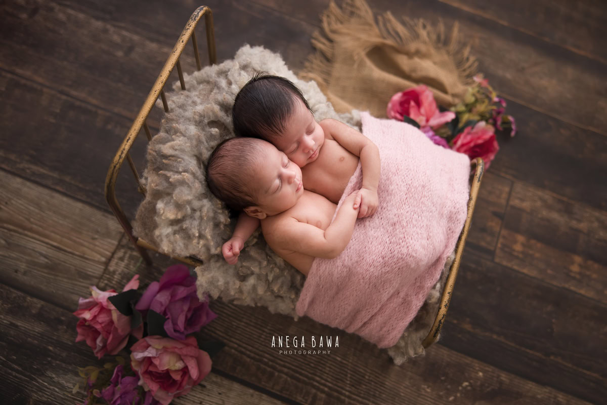 Newborn Photography in Delhi: Twins Wrapped in Pink Blanket with Flowers on Floor, Brown Backdrop. Photographer: Anega Bawa, Gurgaon Noida.