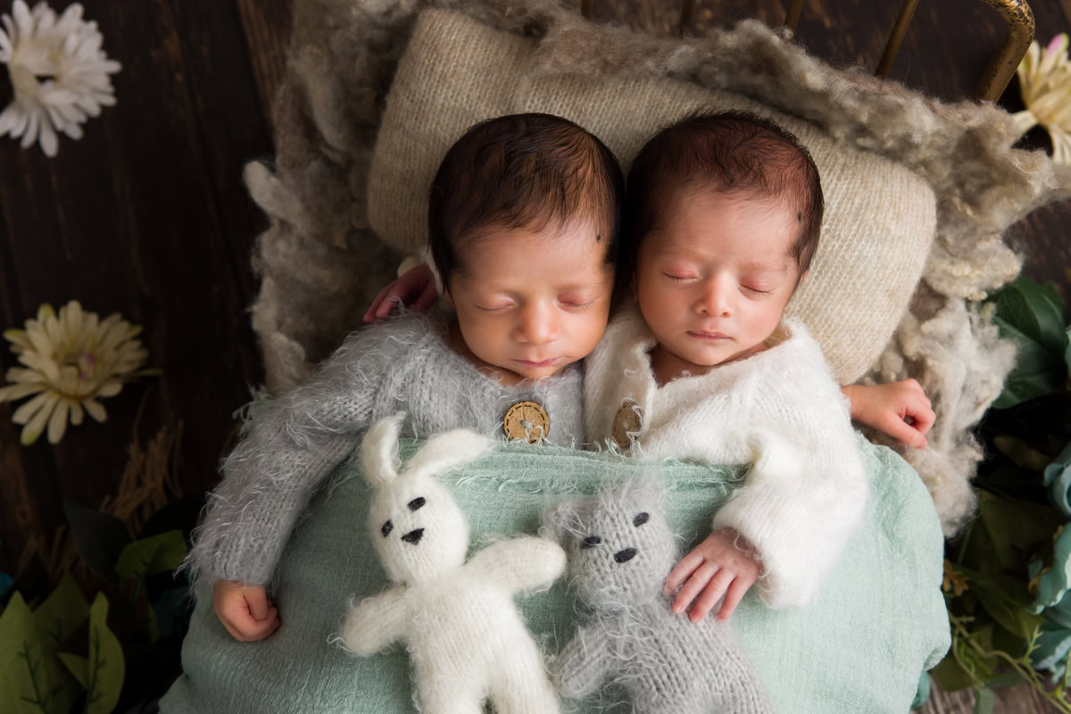 Newborn Photography in Delhi: Twins in White and Grey Baby Suits with White and Grey Soft Toys and Flowers. Photographer: Anega Bawa, Gurgaon Noida.