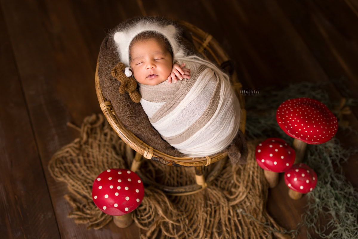 Newborn Photography in Delhi: White and Brown Wrap with Strawberry Accent, Brown Backdrop. Photographer: Anega Bawa, Gurgaon Noida.