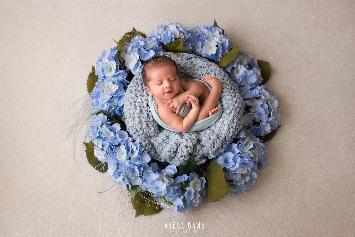 Newborn Photoshoot in Delhi: Blue Wrap, Grey Blanket, Floral Blue Basket, White Backdrop. Photographer: Anega Bawa Photography, Gurgaon Noida.