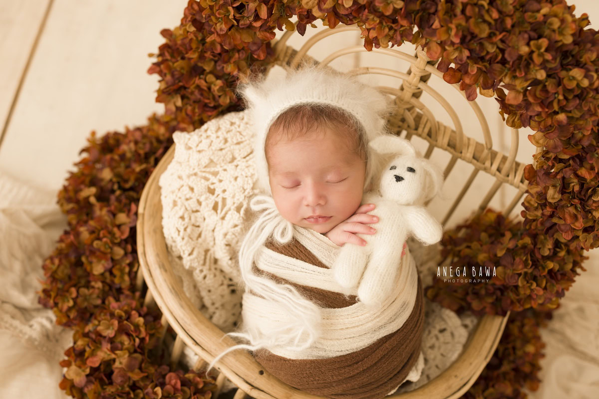 Newborn Photoshoot in Delhi: Brown and White Wrap, Wooden Chair, Soft Toy, Brown Flowers. Photographer: Anega Bawa Photography, Gurgaon Noida.