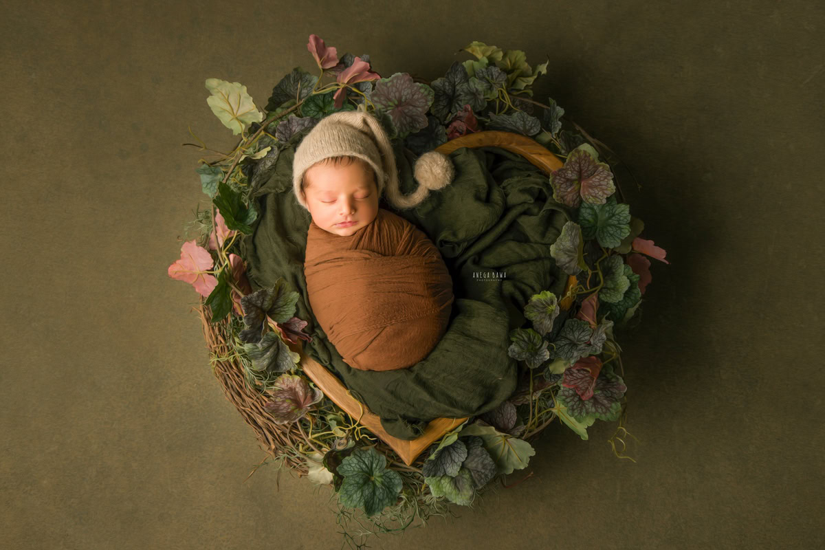Newborn Photoshoot in Delhi: Brown Wrap with Leafy Basket on a Green Backdrop. Photographer: Anega Bawa Photography, Gurgaon Noida.