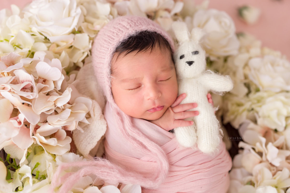 Newborn Photoshoot in Delhi: Pink Wrap with Soft Toy and Flowers in a Cute Sleeping Pose. Photographer: Anega Bawa Photography, Gurgaon Noida.