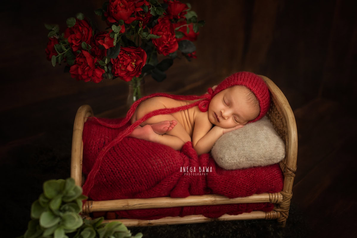 Newborn Photoshoot in Delhi: Red Wrap with Red Flowers in a Wooden Basket, Against a Black Backdrop. Photographer: Anega Bawa Photography, Gurgaon Noida.