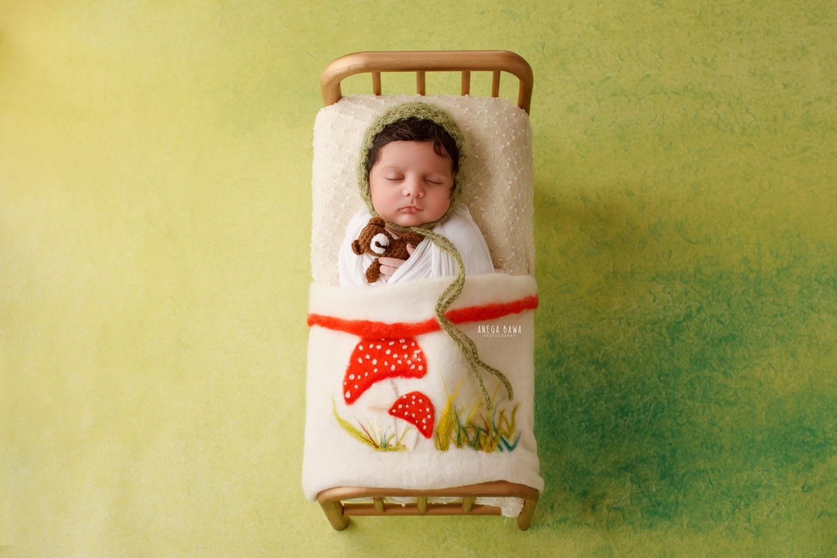 Newborn Photoshoot in Delhi: White Strawberry Wrap, Green Backdrop, Soft Toy. Photographer: Anega Bawa, Gurgaon Noida.