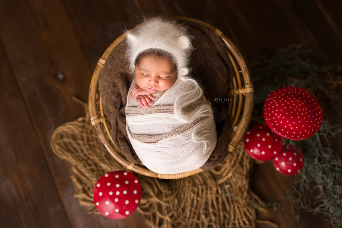 Newborn Photoshoot in Gurgaon: White and Brown Wrap with Brown Basket and Strawberry. Brown Backdrop. Photographer: Anega Bawa Photography, Delhi Noida.