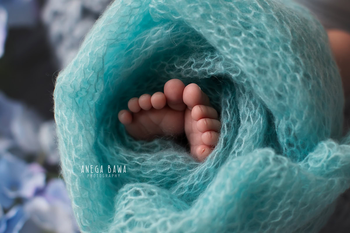 Newborn Photoshoot in Gurgaon: Close-up of tiny feet wrapped in blue fabric. Photographer: Anega Bawa Photography, Delhi Noida.
