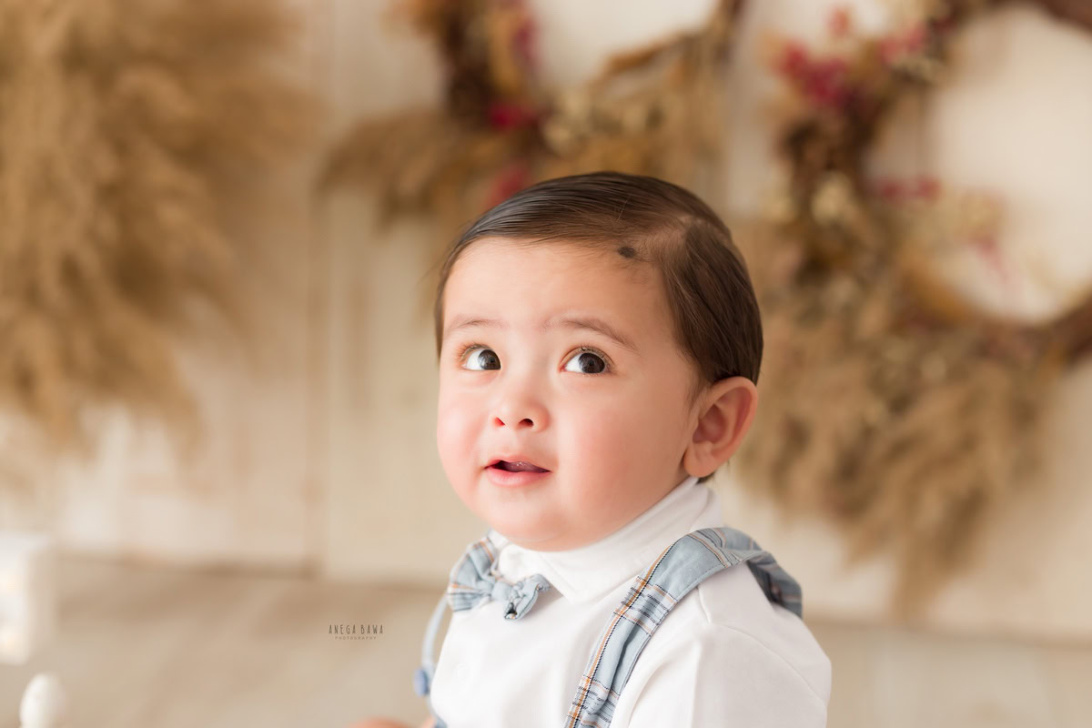 Immerse in the timeless charm of your 1-year-old boy seated amidst rustic wooden accents, with a frame of lush bushes adorning the wall against a soothing beige backdrop. Let Anega Bawa Photography in Delhi and Gurgaon encapsulate these precious moments through their expert sitter photography services.