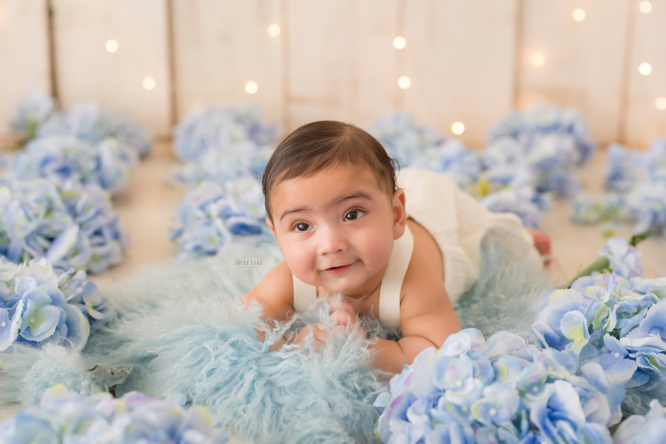 Baby boy photo shoot, 6 or 5 or 3 or 4 months, beige backdrop with golden lights and blue flowers. Location: Delhi, Gurgaon, Noida. Photographer: Anega Bawa.