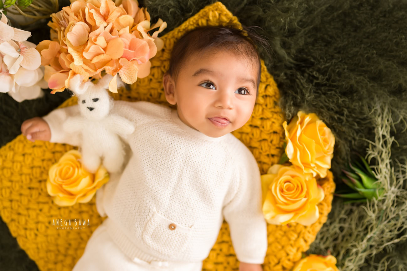 Capture the innocence and charm of your baby boy, aged 3, 4, 5, or 6 months, dressed in a white suit, accompanied by adorable soft toys, against a backdrop of vibrant yellow and green hues. Contact Anega Bawa for a delightful photoshoot experience in Delhi, Gurgaon, or Noida.