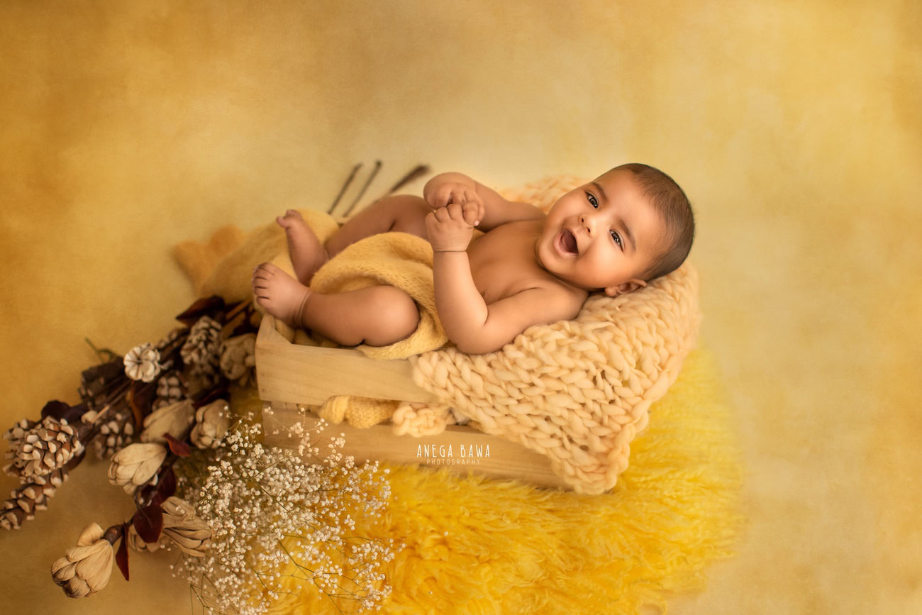 Captivating baby boy photoshoot featuring the charming 6, 5, 4, 3-month-old wrapped in a sunny yellow wrap against a vibrant yellow backdrop, surrounded by rustic brown bushes. Skillfully captured by Anega Bawa, the esteemed baby photographer in Delhi, Gurgaon, and Noida.