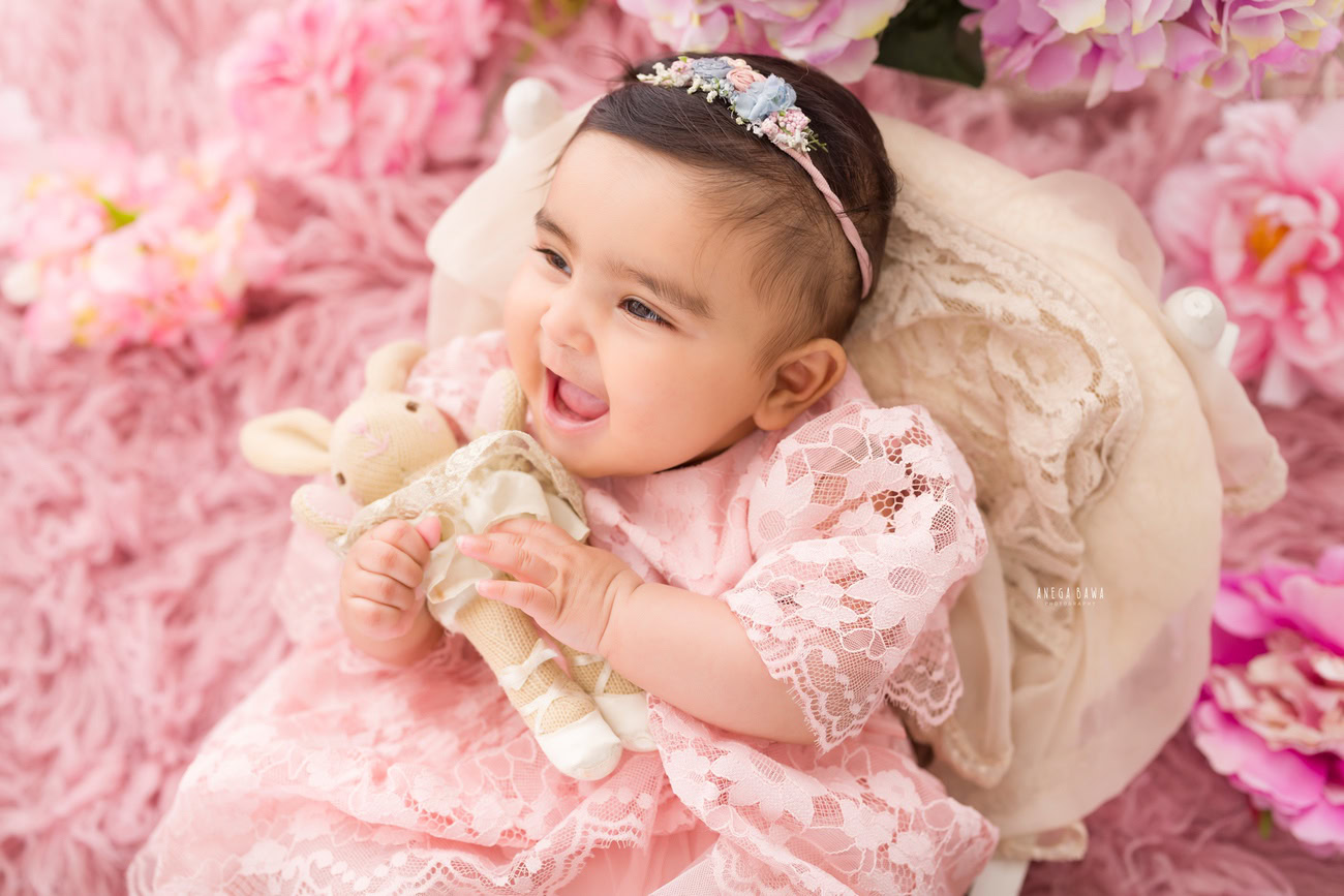 A baby girl photographer captures precious moments of infants aged 3, 4, 5, or 6 months in a pink dress against a delightful pink backdrop. The scene is complemented with a soft toy, evoking a cute smiling pose. Perfect for a baby photoshoot in Delhi, Gurgaon, or Noida with Anega Bawa.