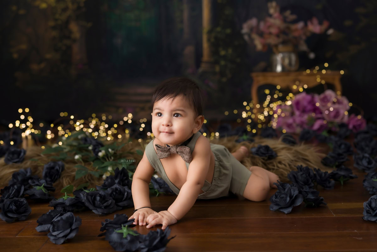Celebrate your little boy's exploration journey with Anega Bawa Photography's sitter photography in Delhi and Gurgaon. Picture him crawling amidst lavender and pink flowers, with fairy lights adding a magical touch. Our rustic brown backdrop sets the scene for capturing these precious moments as your eight-month-old adventurer discovers the world around him.