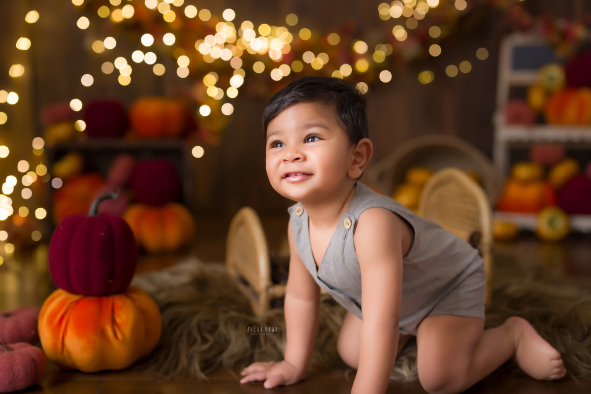 In this heartwarming moment captured by Anega Bawa for a baby pre-birthday photoshoot in Delhi, a 10-month-old boy strikes a playful crawling pose. Surrounded by twinkling fairy lights, he explores the soft brown rug, accompanied by a cuddly veggie soft toy. The scene exudes warmth and innocence, creating a cherished memory for years to come.