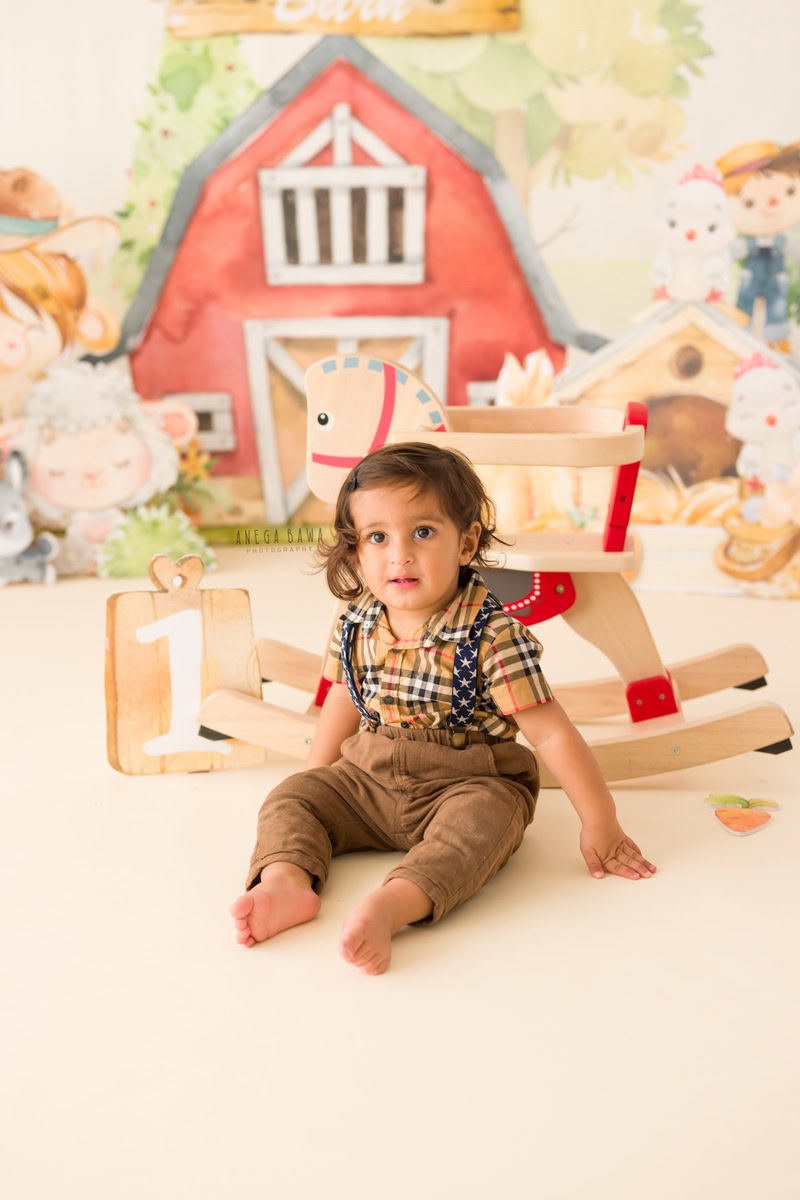In this sitter birthday photoshoot by Anega Bawa in Delhi, the adorable 10-month-old boy is captured sitting on the floor against a backdrop featuring cartoon motifs. The vibrant and playful backdrop adds a whimsical touch to the scene, perfectly complementing the child's youthful energy and innocence. This charming setup creates a delightful atmosphere, reflecting the joy and excitement of celebrating the little one's milestone birthday.