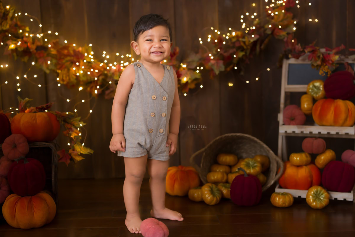 Adorable 8-months to 1-year-old boy standing against a rustic brown backdrop, accompanied by a cute veggie soft toy. This delightful moment was captured during a baby pre-birthday photoshoot in Delhi, Anega Bawa, Gurgaon, and Noida.