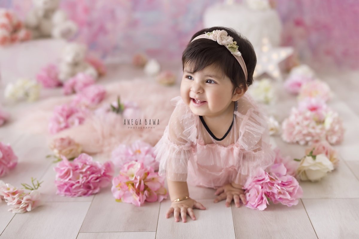 Captured by Anega Bawa, this adorable photograph features a 12-month-old girl crawling amidst a bed of delicate pink flowers, adorned with a charming pink headband. Against a soft pink backdrop, the scene exudes a sense of innocence and joy, perfectly encapsulating the beauty of childhood. With expert skill, Anega Bawa captures the girl's playful exploration, creating a heartwarming image that will be treasured for years to come.