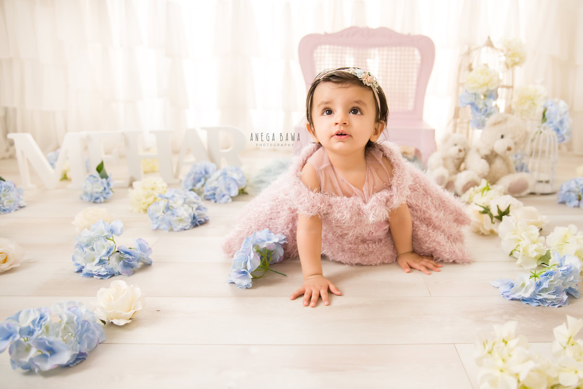 Capture the precious moments of your little princess with Anega Bawa Photography in Delhi and Gurgaon. Watch her explore her world as she crawls amidst blue and white flowers, with a backdrop of pure white and castles, surrounded by soft toys, at 12 months to 1 year old. These enchanting memories will be treasured forever.
