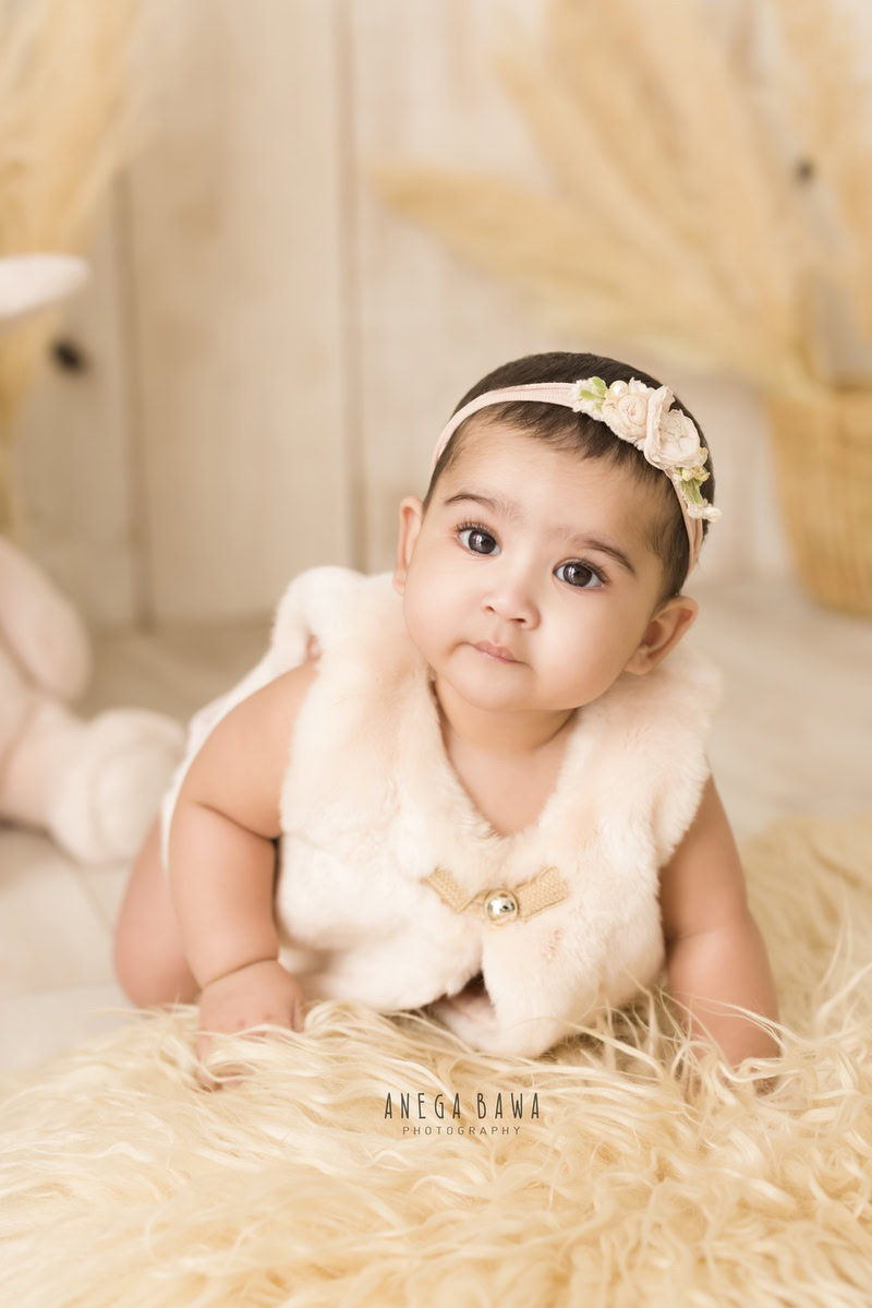 In this delightful toddler photoshoot by Anega Bawa in Delhi, Gurgaon, and Noida, a charming 12-month-old girl explores the world around her with curiosity and grace. Crawling on a soft beige rug against a serene beige backdrop, she wears a cute headband that adds to her adorable appearance. The backdrop of bushes adds a natural touch to the scene, creating a whimsical atmosphere. Each moment captured in this photoshoot reflects the innocence and wonder of childhood, making it a treasure for her family to cherish for years to come.