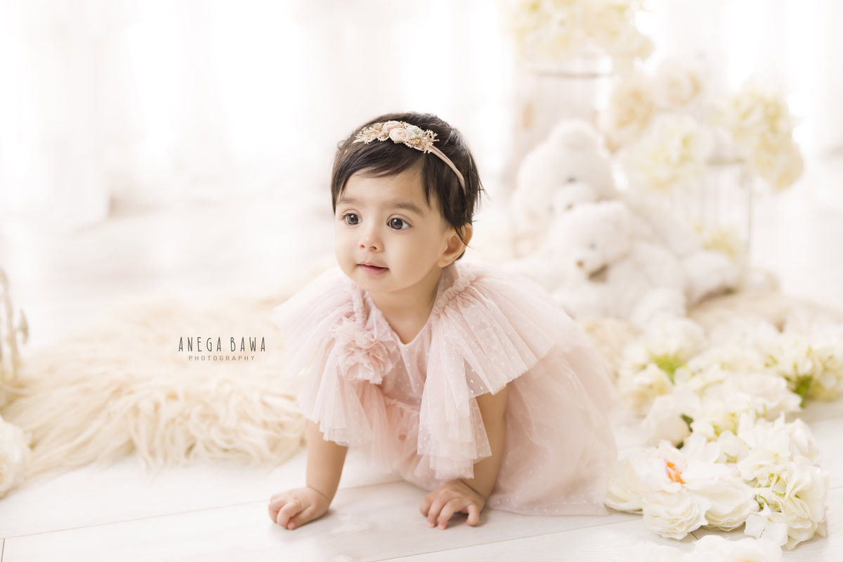 White backdrop paired with a beige rug, featuring a baby pink dress-clad girl surrounded by white flowers and teddy bears on the floor, commemorating her 1-year-old milestone during her first birthday photoshoot in Delhi by Anega Bawa, Gurgaon, Noida.