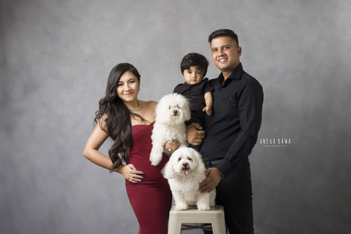 1-year boy posing with mom, dad, and 2 dogs against a grey backdrop, captured by Anega Bawa Photography for a family photoshoot in Gurgaon (Delhi NCR).