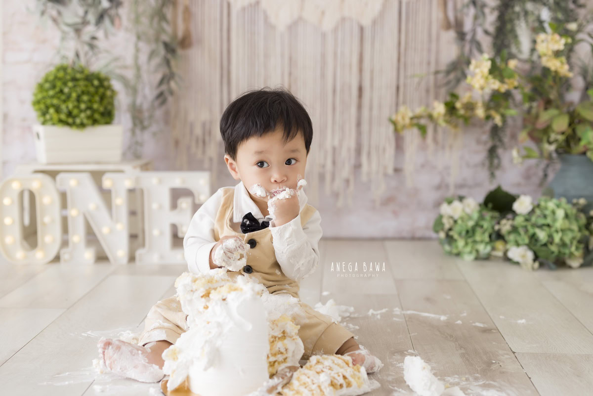1 year old boy Cake Smash first birthday photoshoot in Delhi, Gurgaon with beige net backdrop, white pot, and leafy fringes. Captured by Anega Bawa family photographer Gurgaon (Delhi NCR)