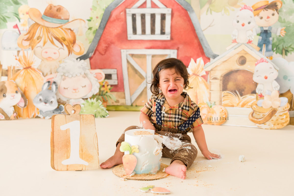 1 year old boy Cake Smash first birthday photoshoot in Delhi, Gurgaon with cartoon backdrop. Captured by Anega Bawa family photographer Gurgaon (Delhi NCR)