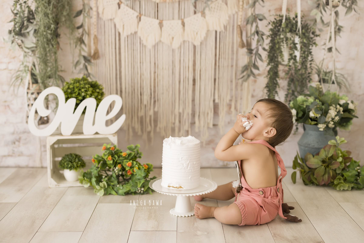 1 year boy enjoying a cake smash, with a green vase and leafy fringes on a beige net backdrop during a first birthday photoshoot by well-known Anega Bawa Photography in Delhi, Gurgaon.