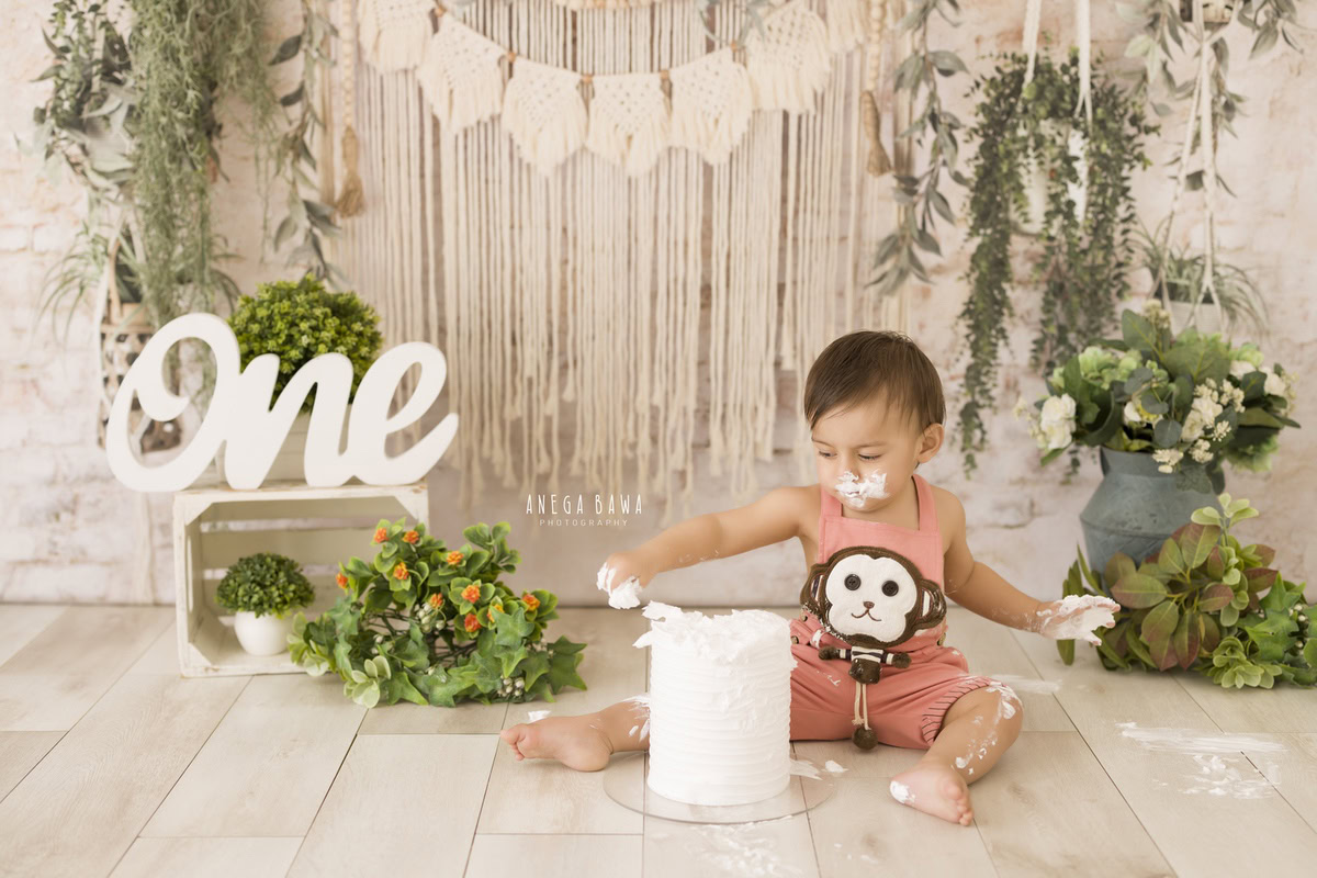 1 year old boy playing with Cake Smash, beige net backdrop, green vase, first birthday photo shoot in Delhi, Gurgaon. Captured by Anega Bawa family photographer Gurgaon (Delhi NCR)