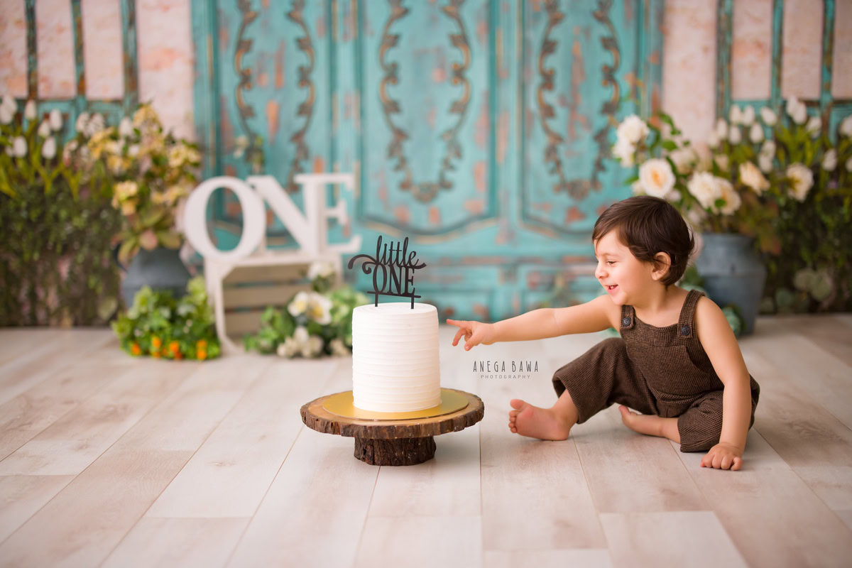 1 year old boy playing with a cake smash setup, featuring a green door backdrop and a green flower vase. Celebrating his first birthday. Cake Smash photo shoot in Delhi, Gurgaon by Anega Bawa Family Photographer Gurgaon (Delhi NCR).