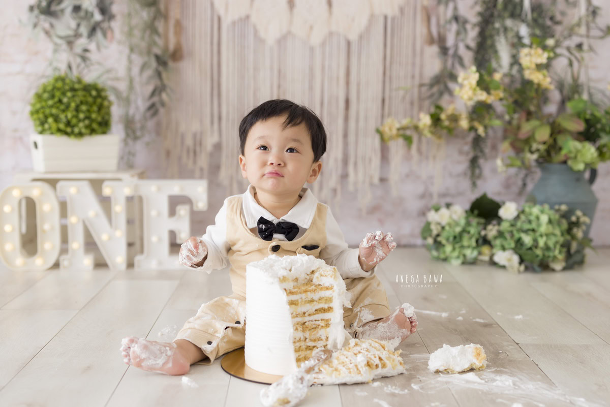 1 year old boy posing with Cake Smash, beige net backdrop, white pot, green leafy fringes, first birthday photo shoot in Delhi, Gurgaon. Captured by Anega Bawa family photographer Gurgaon (Delhi NCR)