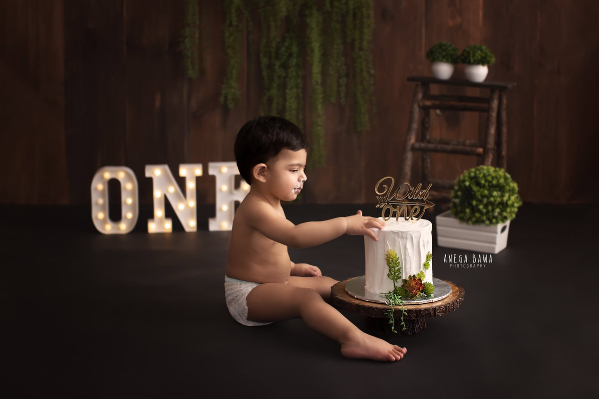 1 year old boy posing with a cake smash setup, featuring a brown backdrop, pots, and green leaves. Celebrating his first birthday. Cake Smash photo shoot in Delhi, Gurgaon by Anega Bawa Family Photographer Gurgaon (Delhi NCR).
